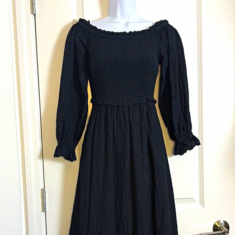 Lilly Pulitzer Black Eyelet Smocked Off Shoulder Puff Long Sleeve Midi Dress XS
